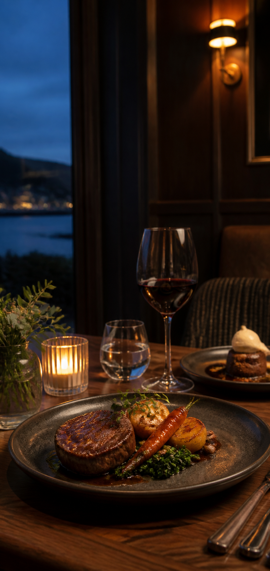 Elegant candlelit dinner with wine and a plated main course